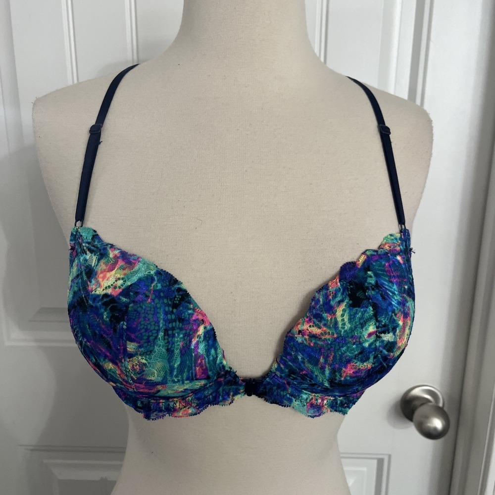 Victoria's Secret PINK The Date Front Close Light Push-Up Bra 32D Neon Print 030